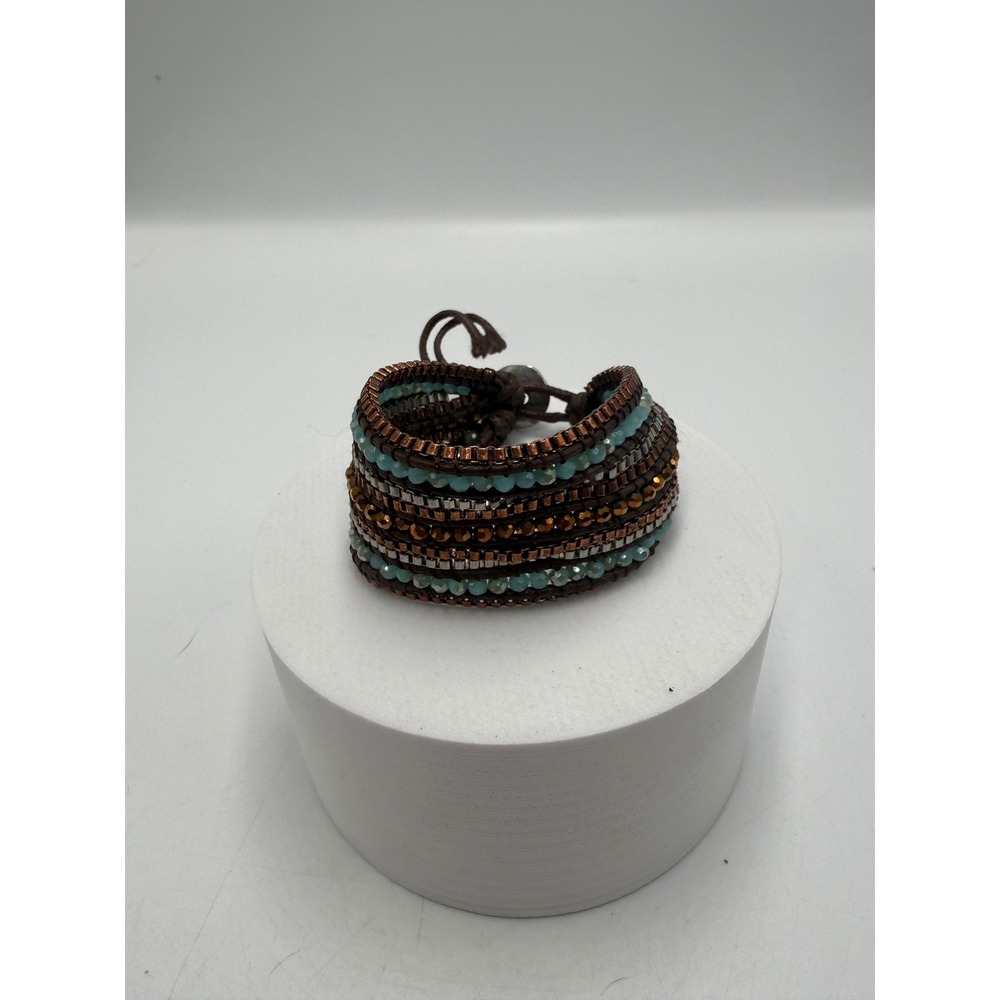 Boho Leather Wrap Bracelet Turquoise Copper Bronze Multi‎ Strand Beaded Cuff